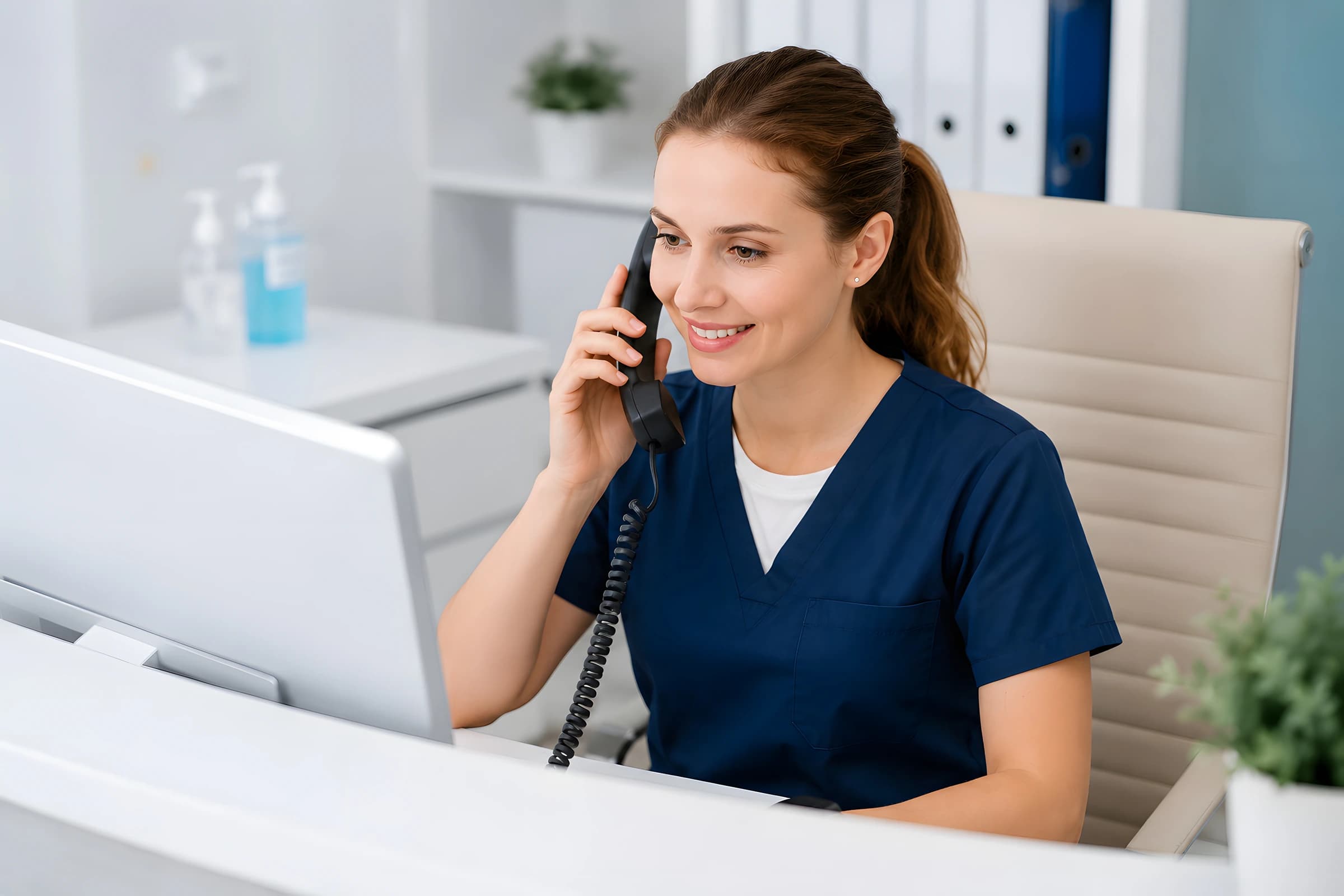 A dental receptionist speaking on the phone at the front desk.